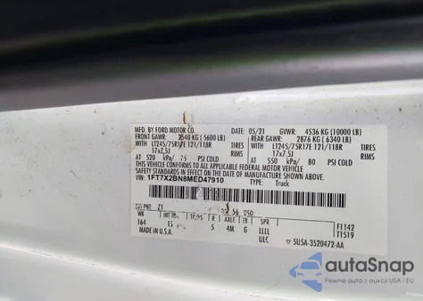 2021 Ford F-250 Xl из США, поврежденный, VIN 1FT7X2BN8MED47910